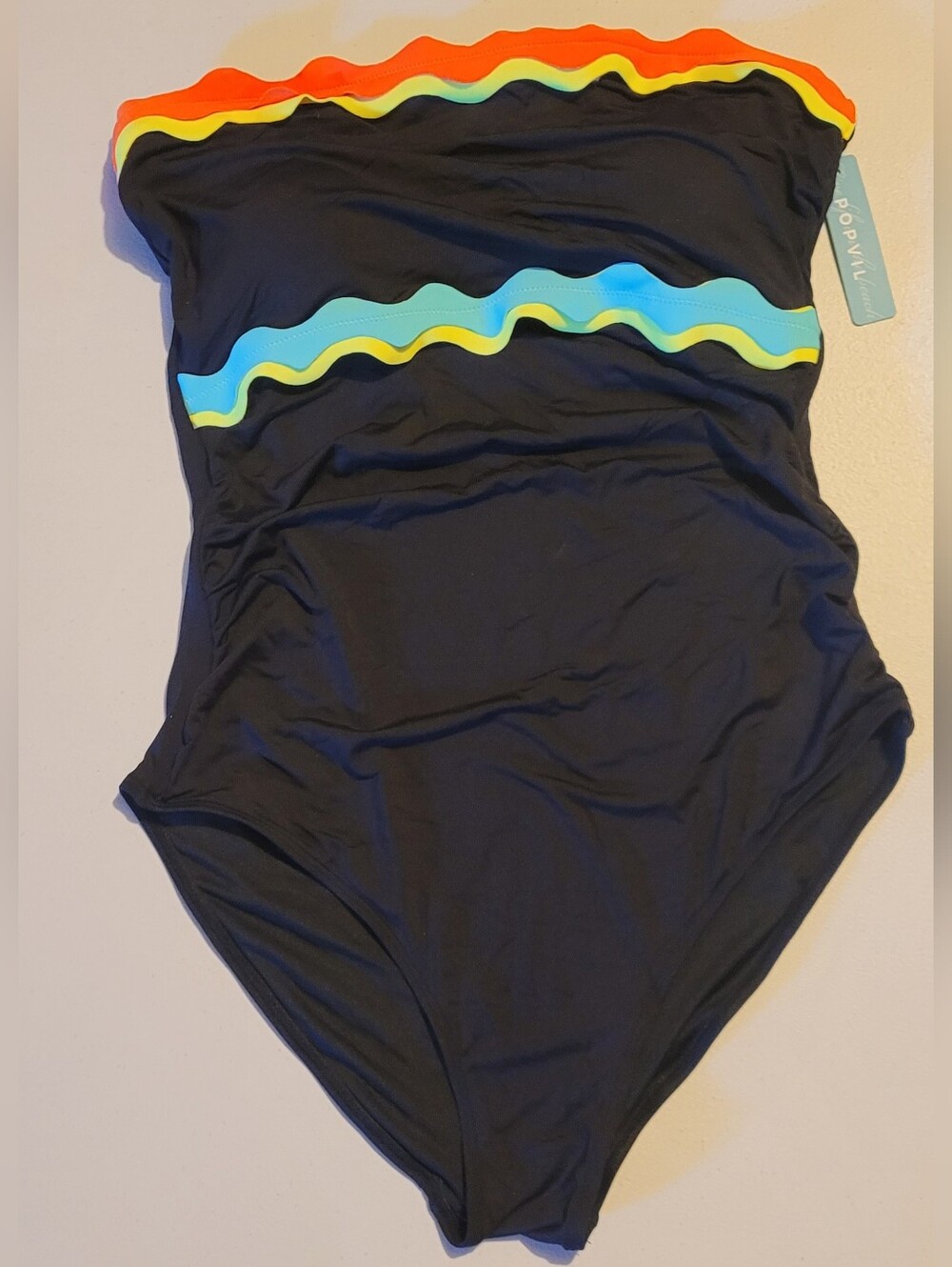 Popvil Black One-Piece Swimsuit with Rainbow Wave Trim